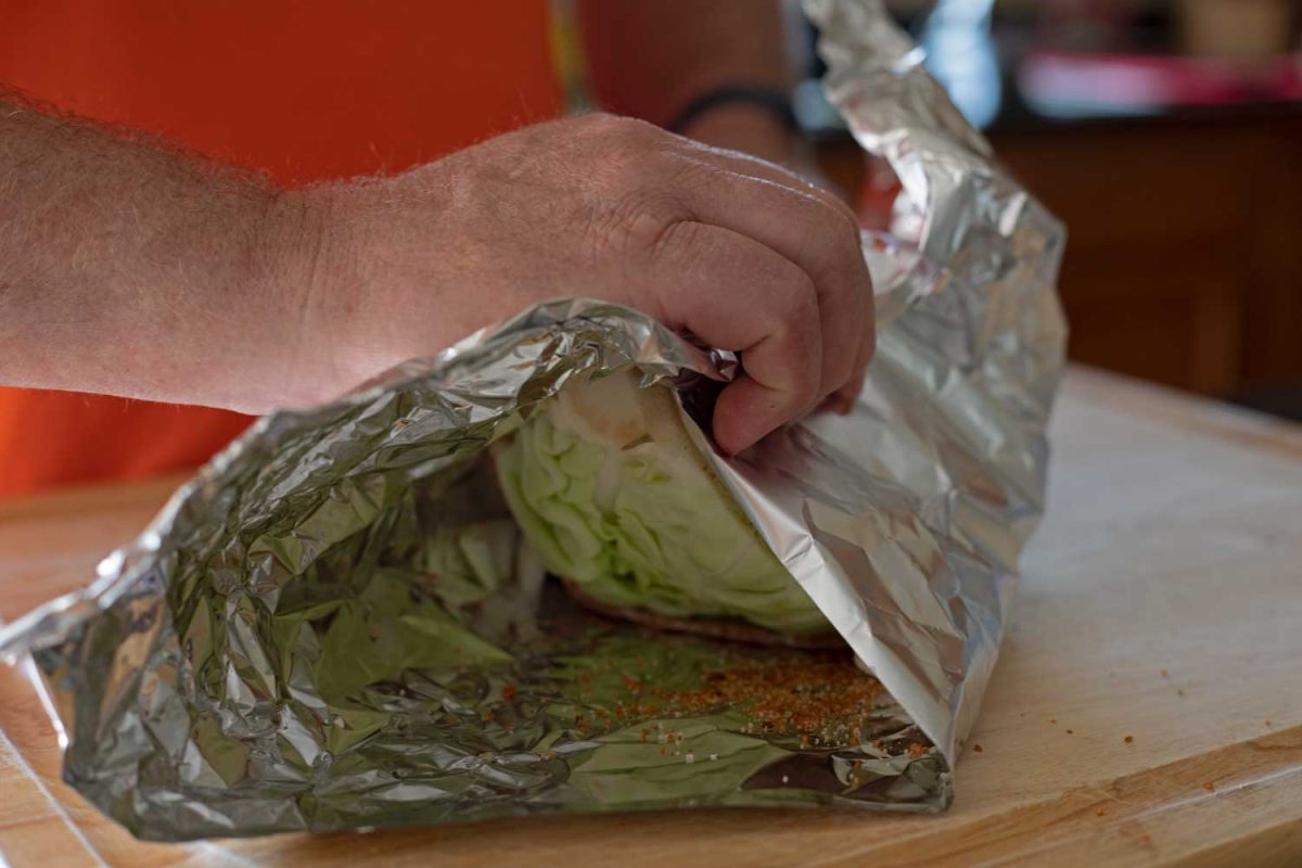 wrapping cabbage wedge with foil