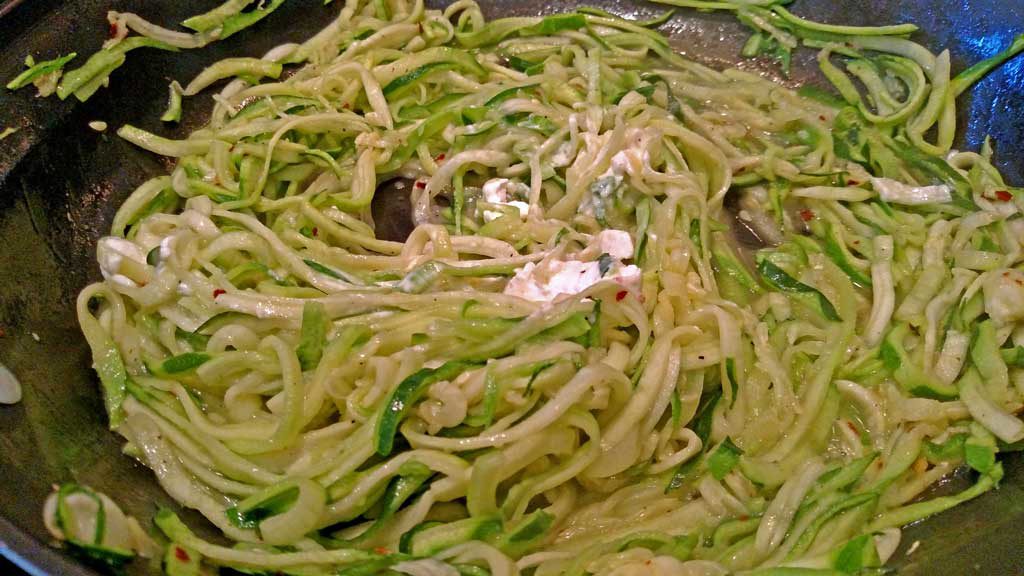 These garlic goat cheese zucchini noodles are a great low-carb option. Creamy, garlicky noodles with a hint of spice. A perfect side dish to any meal. | TheMountainKitchen.com