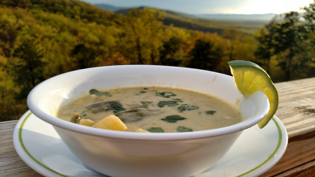 bowl of soup with mountain view