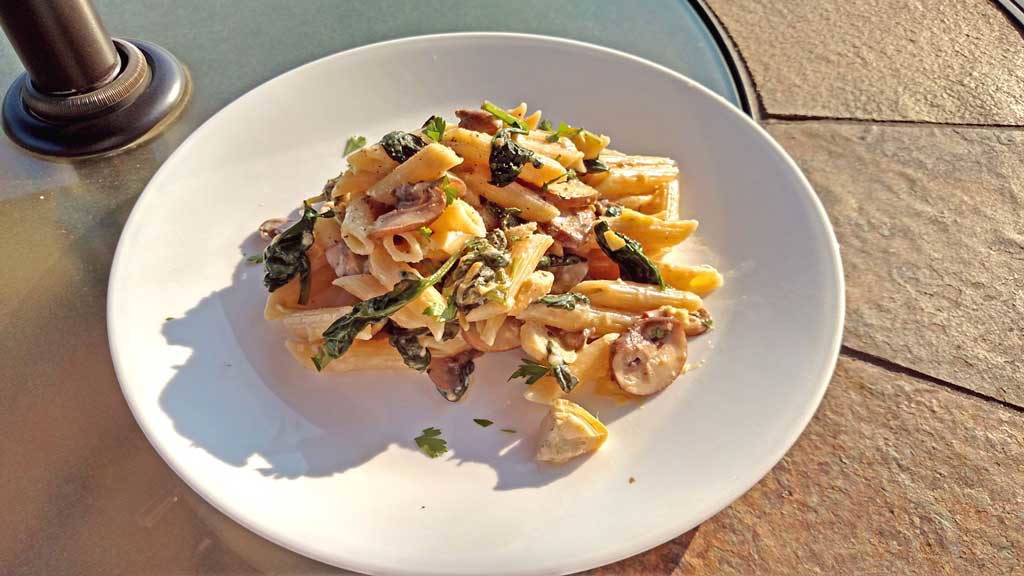 Mushroom Spinach Artichoke Alfredo Pasta ready to eat