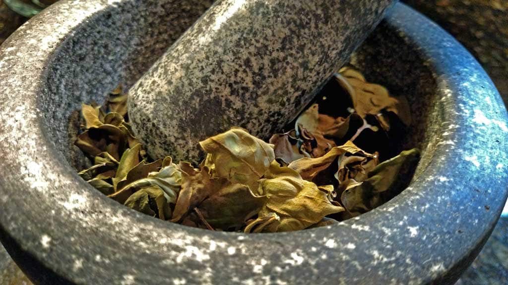using mortar and pestle to grind basil