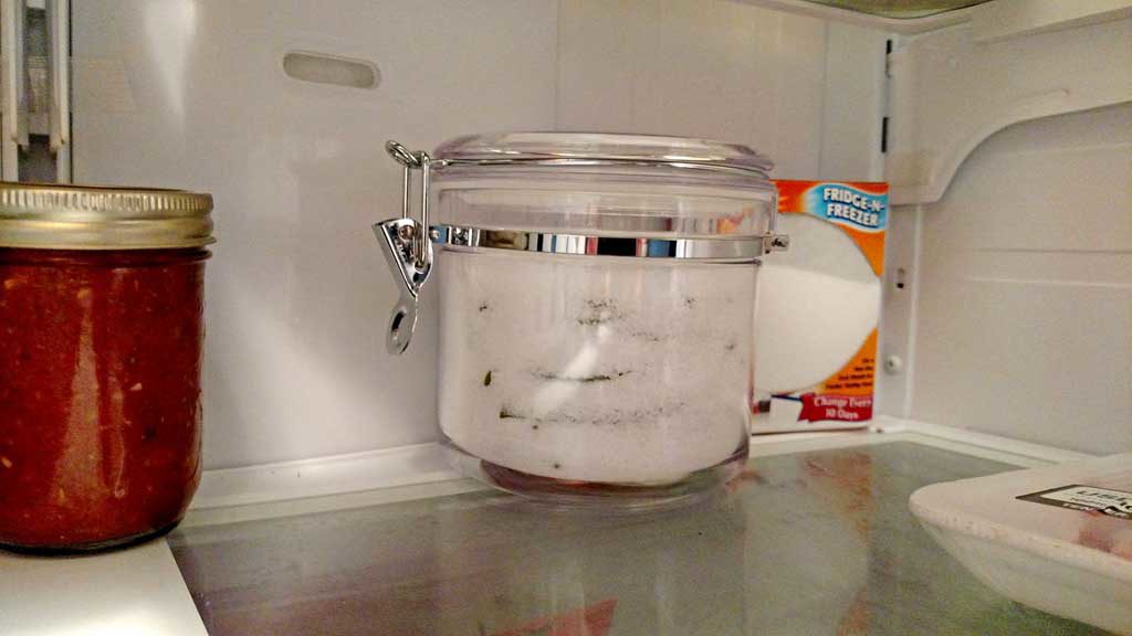 container of salt in the refrigerator