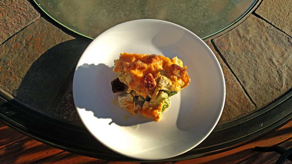 Curry Chicken broccoli casserole topped with a curry flavored sauce with lemon juice, topped with cheddar cheese and crunchy garlic flavored croutons. | TheMountainKitchen.com