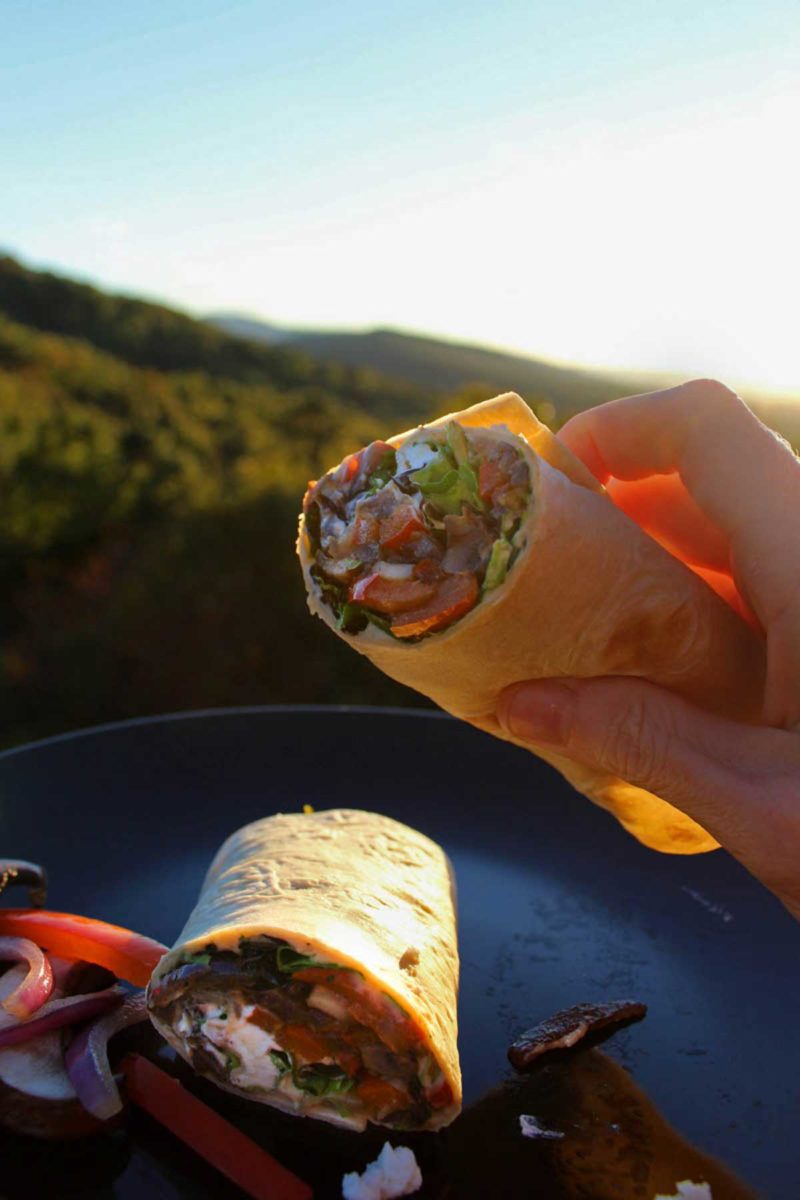 Quick, delicious and fresh, these veggie wraps with bell peppers, onions and mushrooms sautéed and tucked inside a wrap with lettuce hummus and goat cheese.