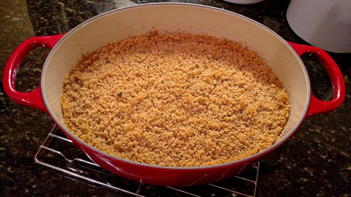 chicken cordon bleu casserole inside Dutch oven