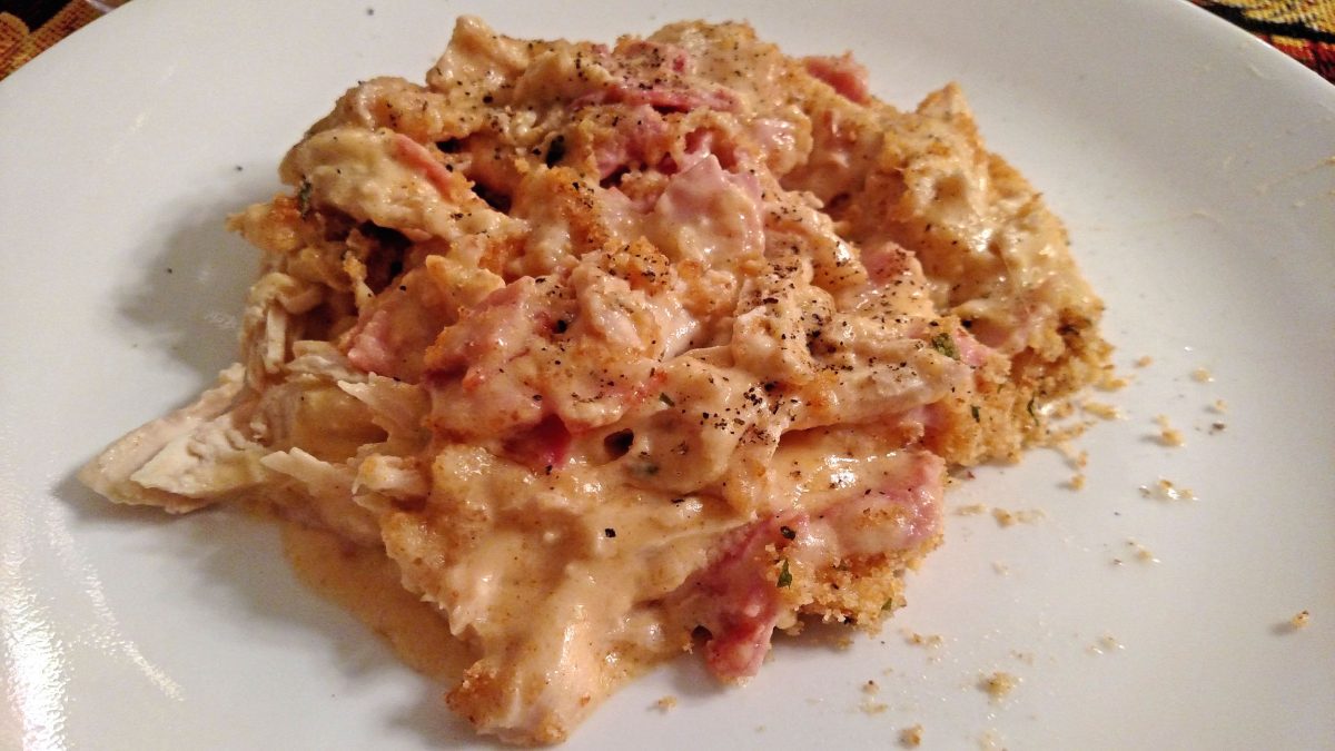 chicken cordon bleu casserole on plate ready to eat