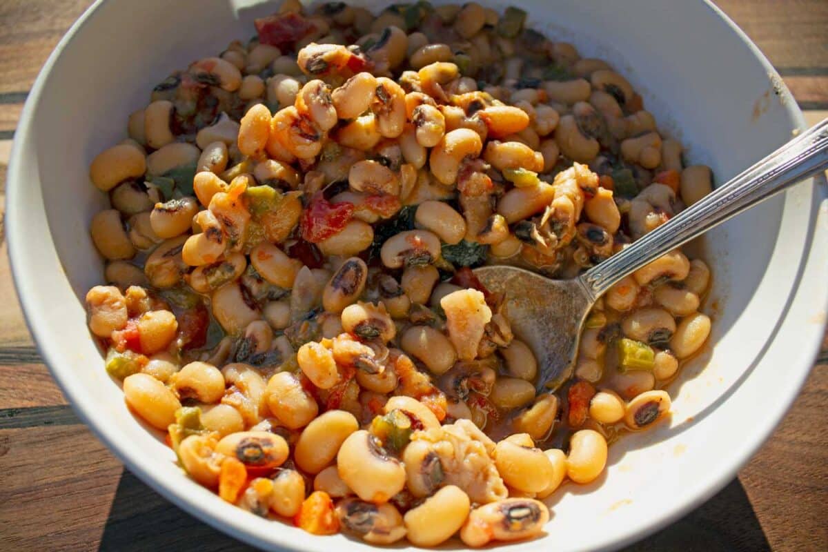 bowl of hoppin john with spoon