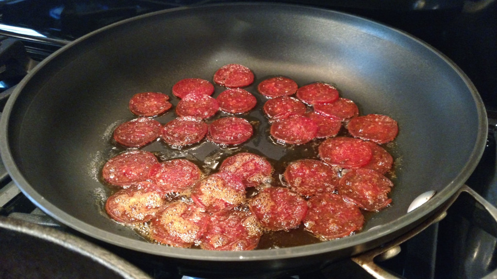 pepperoni cooking in a pan