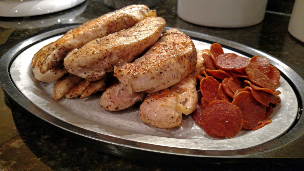 chicken and pepperoni on a platter