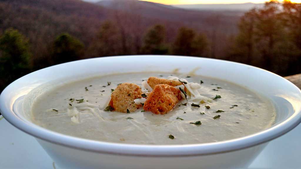 Crock-pot Potato Leek Soup with mountain view