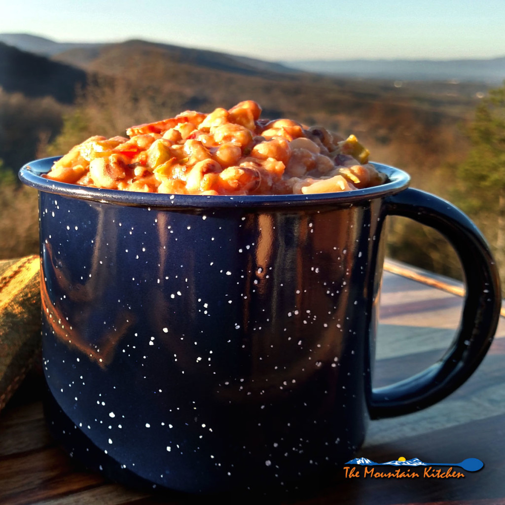 mug of Hoppin John with mountain view