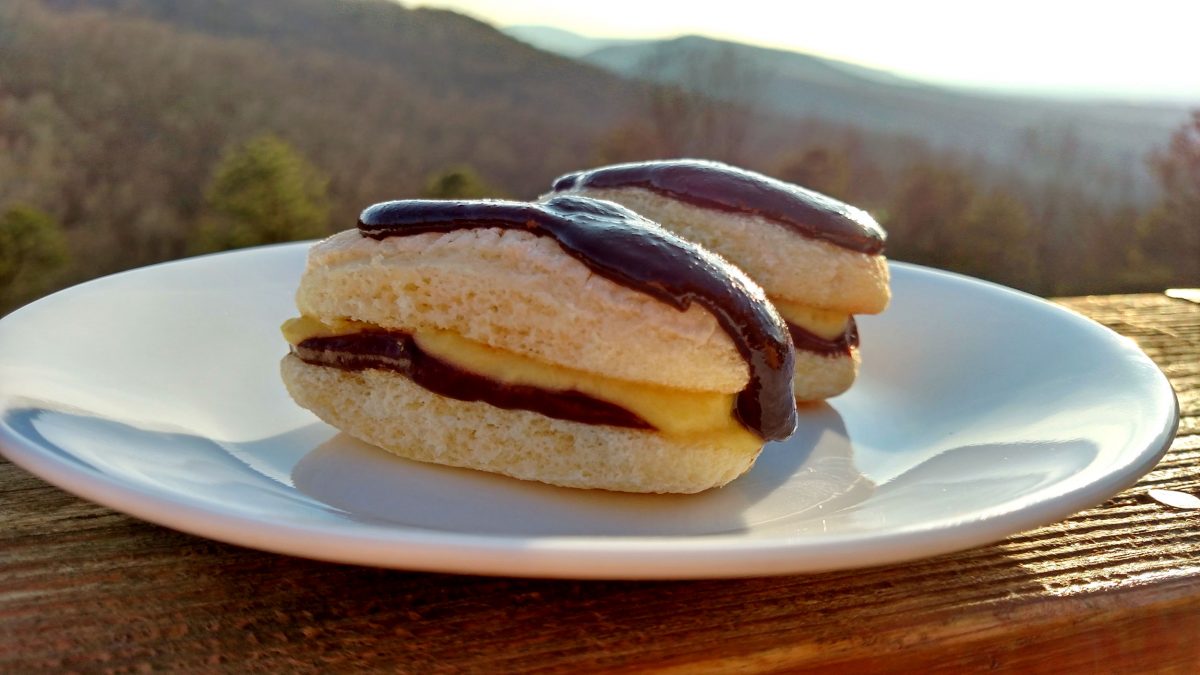 ladyfinger eclari on plate with mountain view