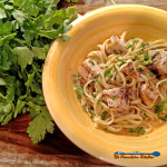 Linguine With Grilled Swordfish and Parsley Anchovy Sauce in bowl