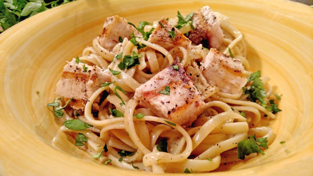 Linguine With Grilled Swordfish and Parsley Anchovy Sauce | Linguine and grilled swordfish tossed with a rich, and flavorful parsley anchovy sauce with parmesan cheese and hints of lemon. This delicious pasta is easy to make and is impressive without a lot of effort. | TheMountainKitchen.com