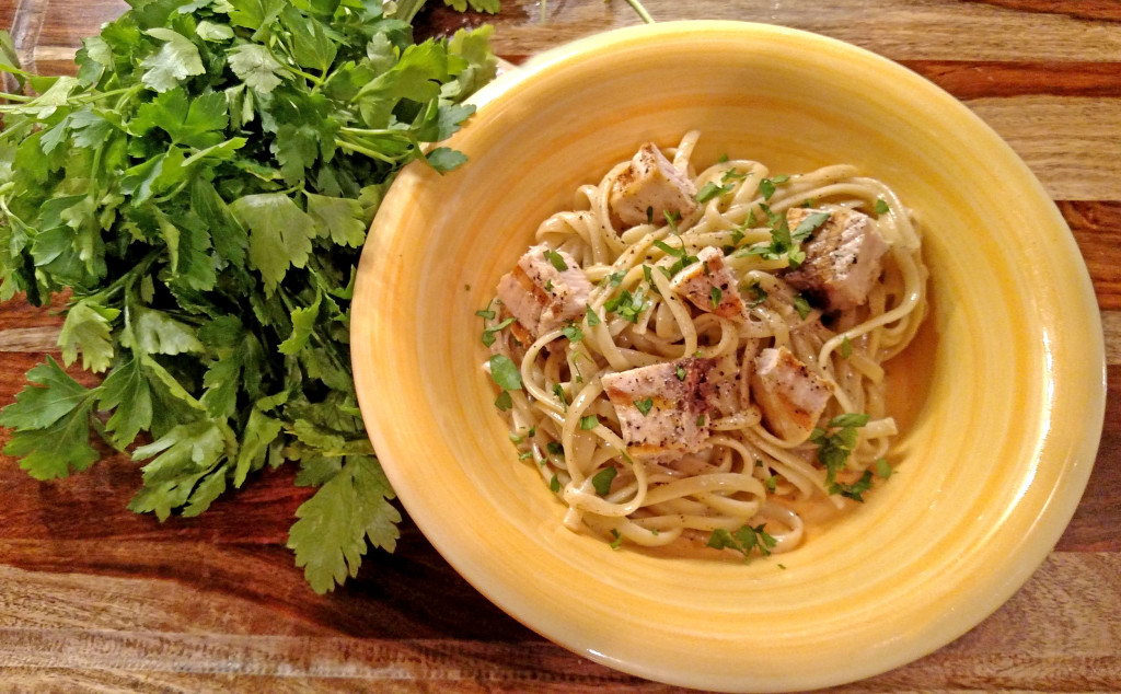Linguine With Grilled Swordfish and Parsley Anchovy Sauce | Linguine and grilled swordfish tossed with a rich, and flavorful parsley anchovy sauce with parmesan cheese and hints of lemon. This delicious pasta is easy to make and is impressive without a lot of effort. | TheMountainKitchen.com