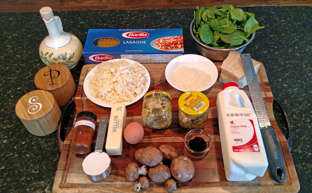 ingredients to make spinach artichoke and mushroom rollatini