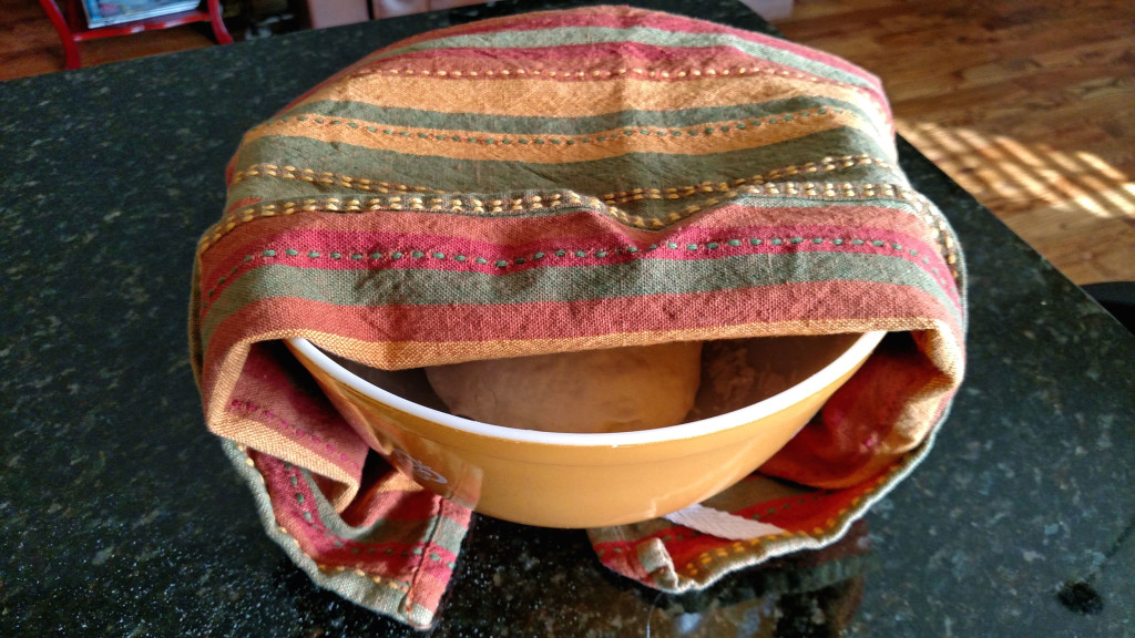 dough resting in bowl with towel on top