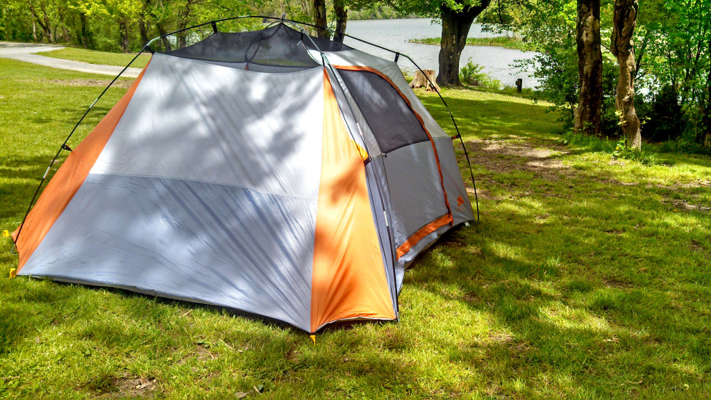 the tent set up by the water