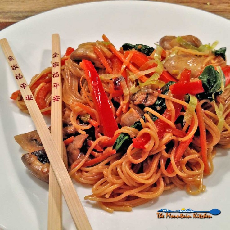 fake lo mein on plate with chopsticks