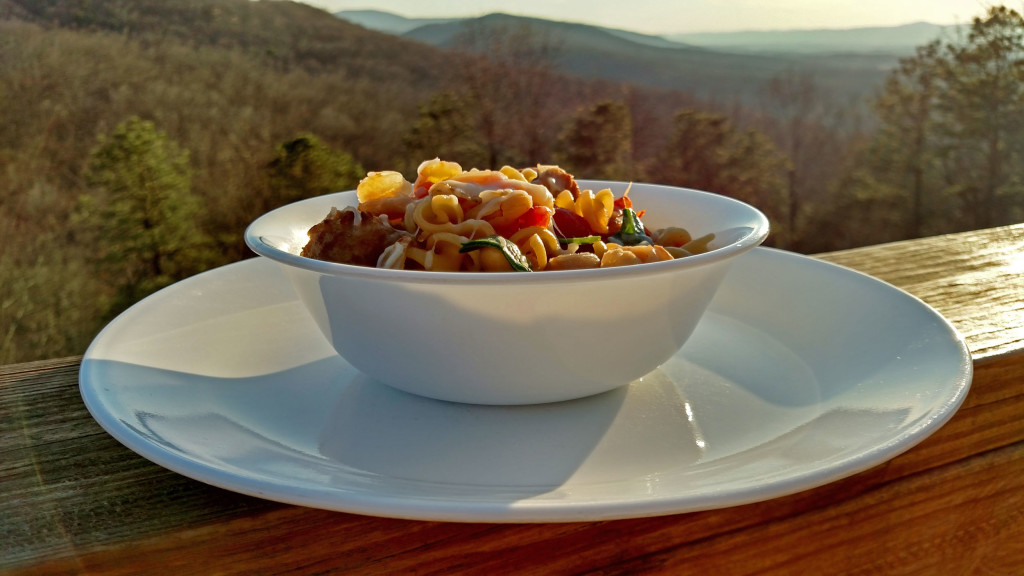 Italian sausage soup with mountain view