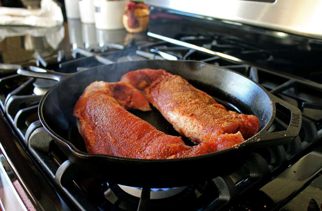 tenderloin searing in cast iron pan