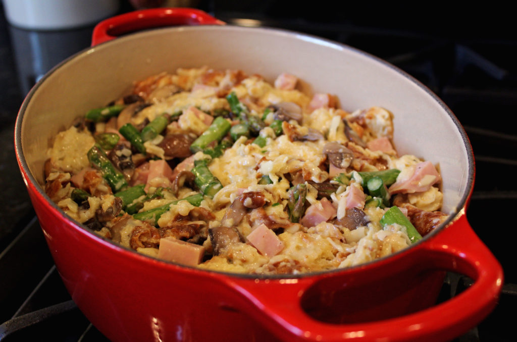 Ham, Asparagus, and Mushroom Bread Pudding | This is a savory bread pudding loaded with smoked Virginia ham, fresh asparagus, portobello mushrooms, Gruyere cheese & croissants, soaked in rich custard. | TheMountainKitchen.com