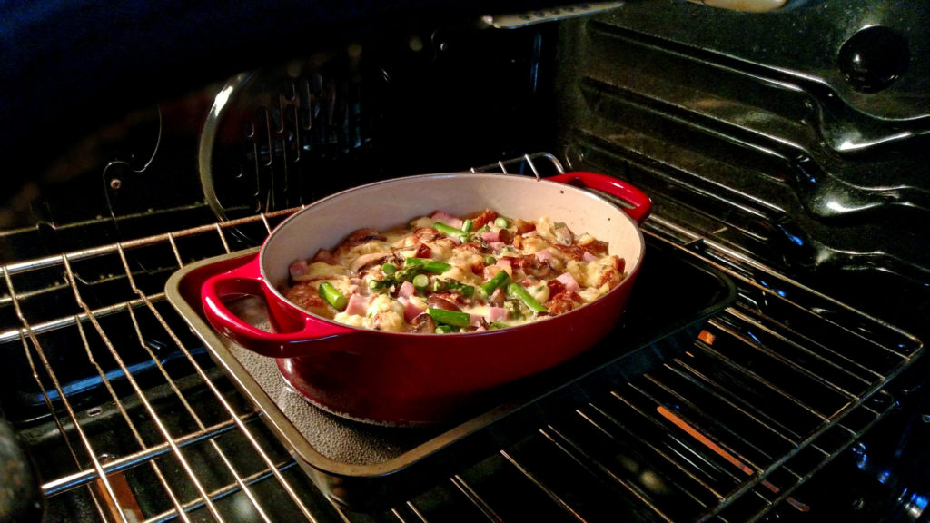Ham, Asparagus, and Mushroom Bread Pudding | This is a savory bread pudding loaded with smoked Virginia ham, fresh asparagus, portobello mushrooms, Gruyere cheese & croissants, soaked in rich custard. | TheMountainKitchen.com