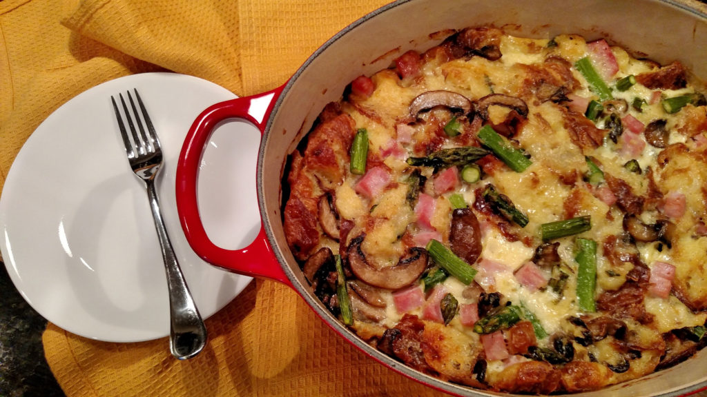 Ham, Asparagus, and Mushroom Bread Pudding | This is a savory bread pudding loaded with smoked Virginia ham, fresh asparagus, portobello mushrooms, Gruyere cheese & croissants, soaked in rich custard. | TheMountainKitchen.com