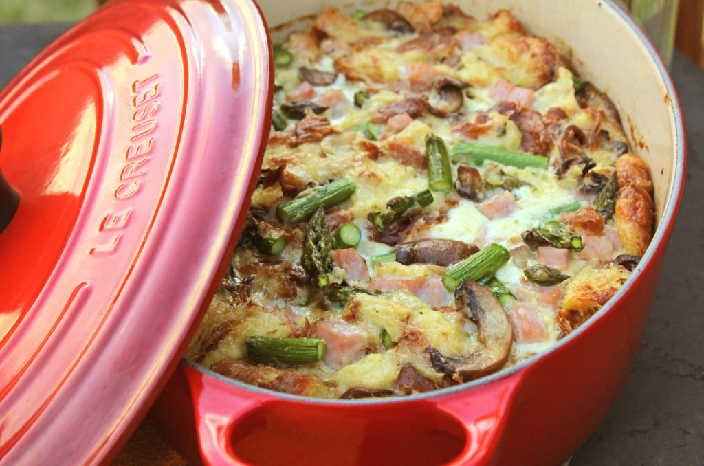 Ham, Asparagus, and Mushroom Bread Pudding | This is a savory bread pudding loaded with smoked Virginia ham, fresh asparagus, portobello mushrooms, Gruyere cheese & croissants, soaked in rich custard. | TheMountainKitchen.com