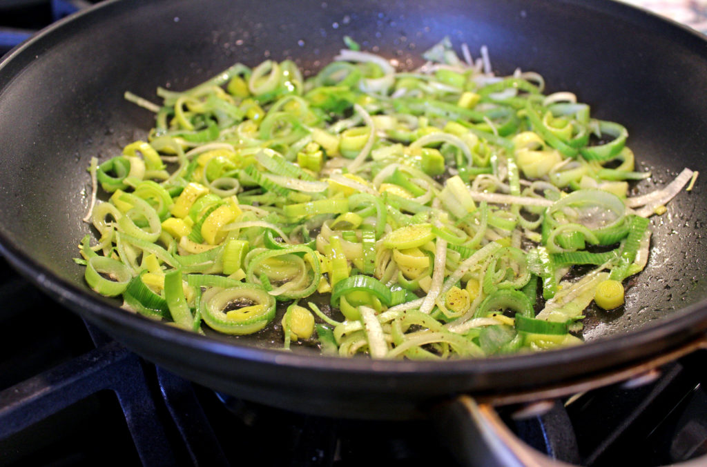 leeks in pan