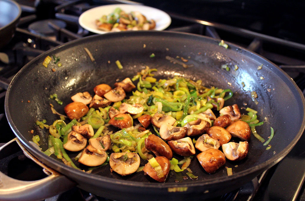 Leeks and Mushrooms in skillet