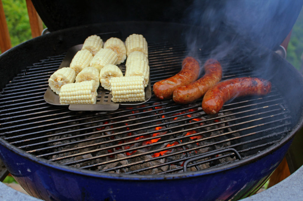 grilling andouille sausage and corn on the cob