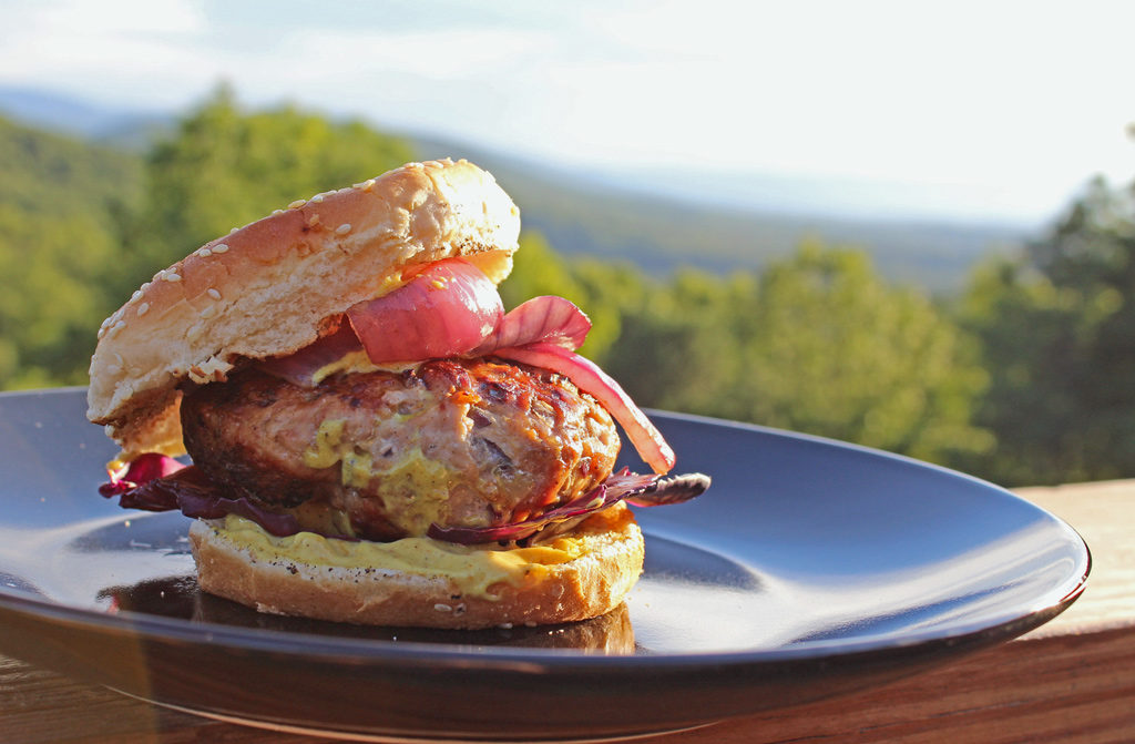 curried pork burger on plate with mountain view