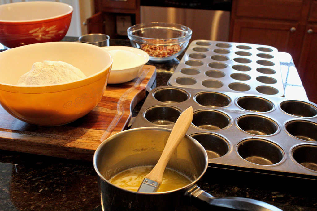 muffin tin and mixing bowls
