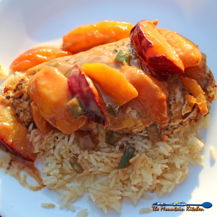 Jerk Chicken with Spicy Peach and Plum Coconut Sauce on a plate over rice
