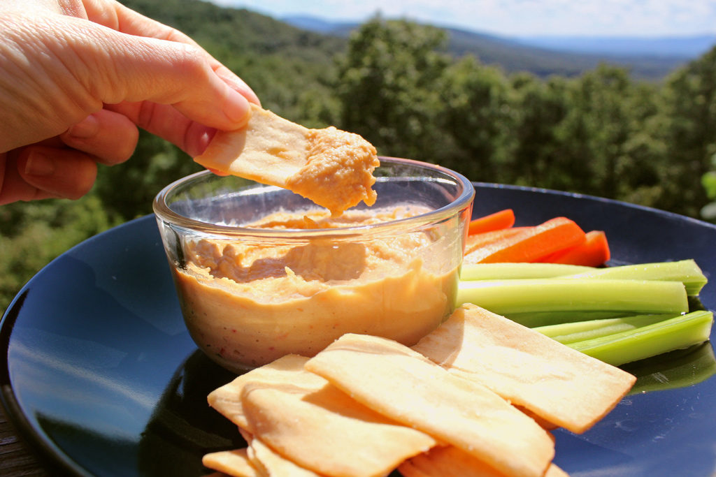 dipping a pita chip into hummus with mountain view