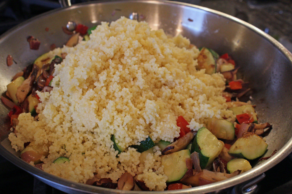 couscous in skillet with vegetables