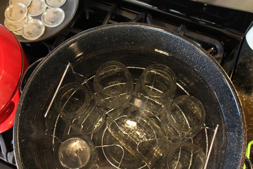 jars inside water bath canner to make this sweet pickle recipe