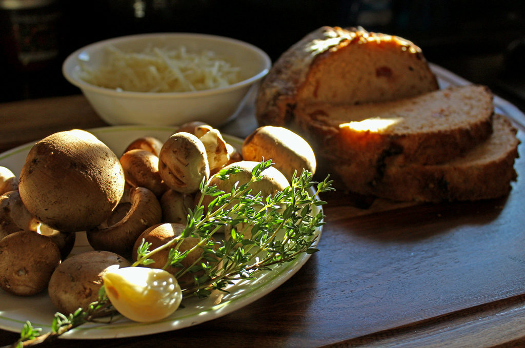 Roasted Mushroom Cheese Toasts, made with crusty rustic bread toasted with garlic and topped with roasted mushrooms, thyme and Gruyere cheese. | TheMountainKitchen.com
