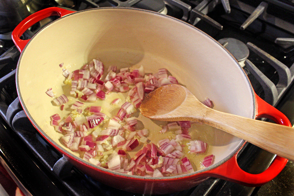 diced onion in pot