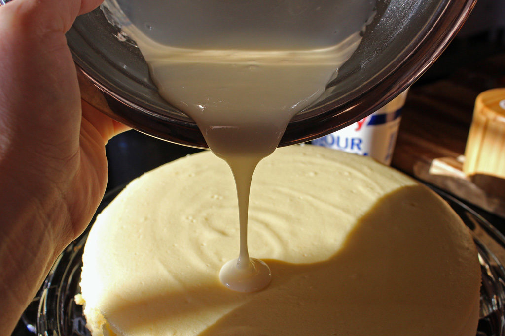 pouring batter into pan