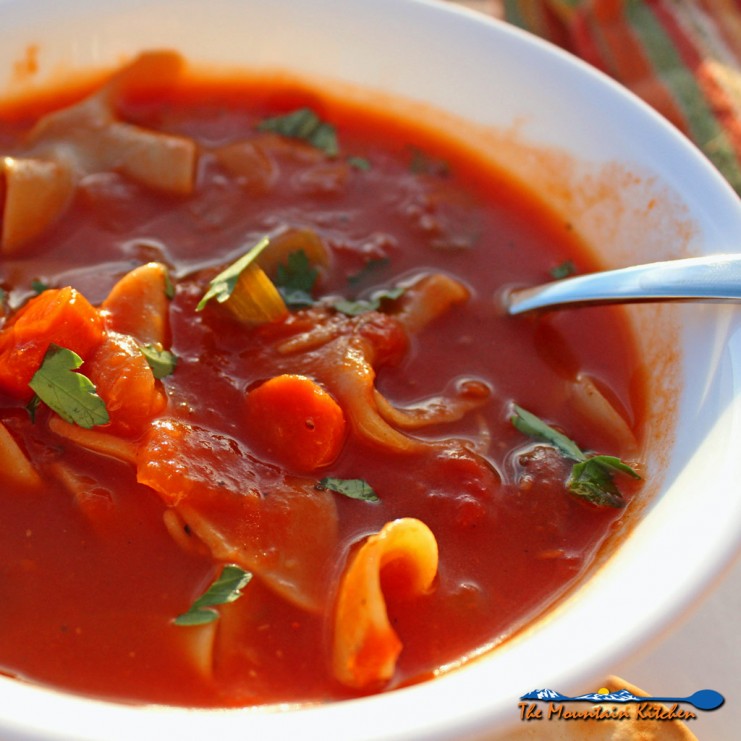 vegetable noodle soup in bowl with spoon