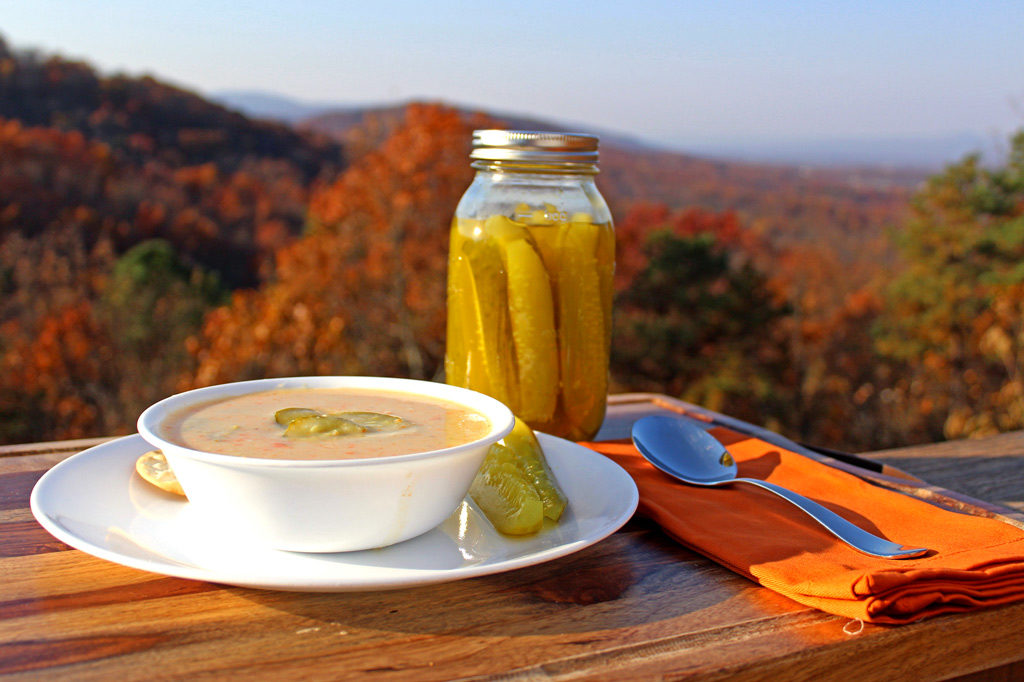 If you love dill pickles like we do, then you will love this dill pickle soup with creamy potatoes, carrots, sour cream, warm spices and tangy dill pickles. | TheMountainKitchen.com
