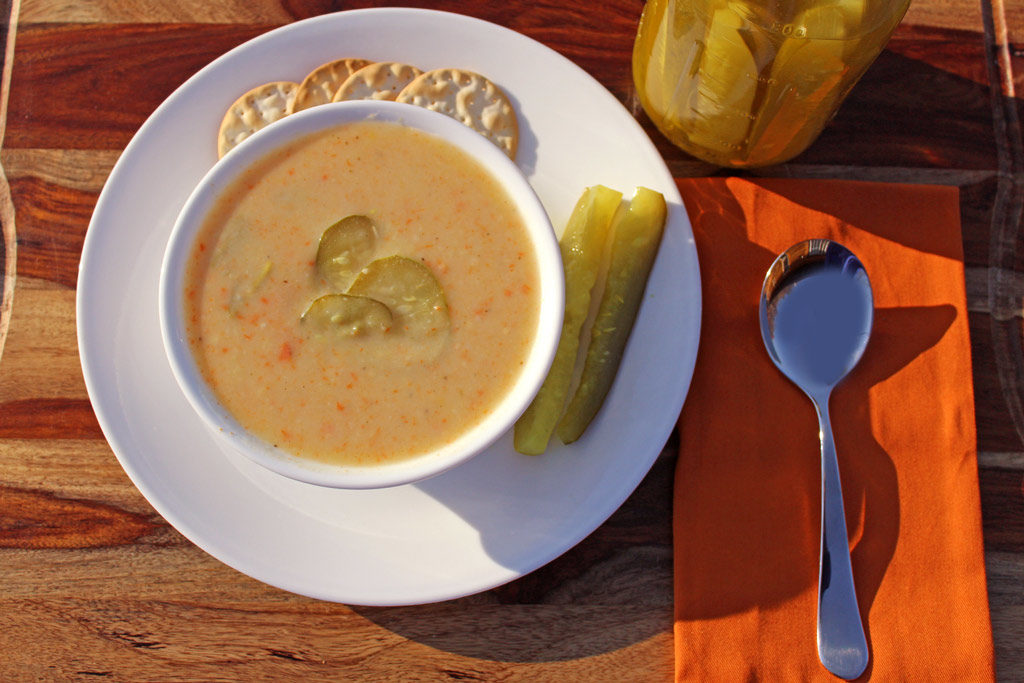 If you love dill pickles like we do, then you will love this dill pickle soup with creamy potatoes, carrots, sour cream, warm spices and tangy dill pickles. | TheMountainKitchen.com