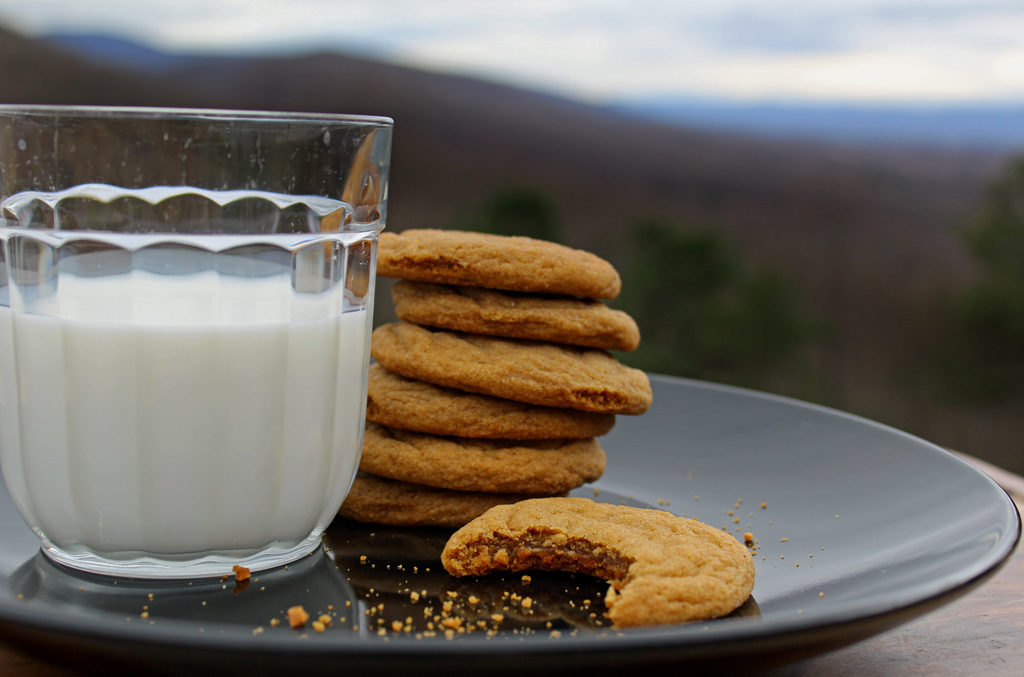 gingersnap cookies stacked on a plate with a glass of milk