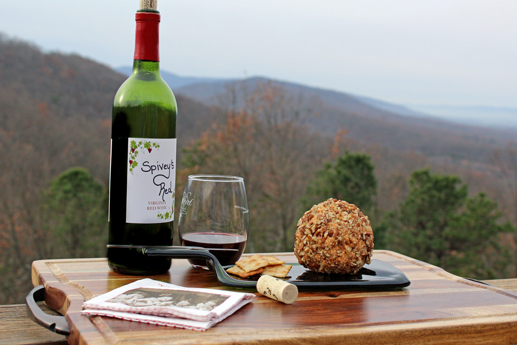 Wine crackers and Christmas chees ball with mountain view