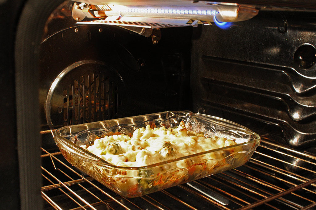 Roasted Vegetable Pasta Bake baking in oven