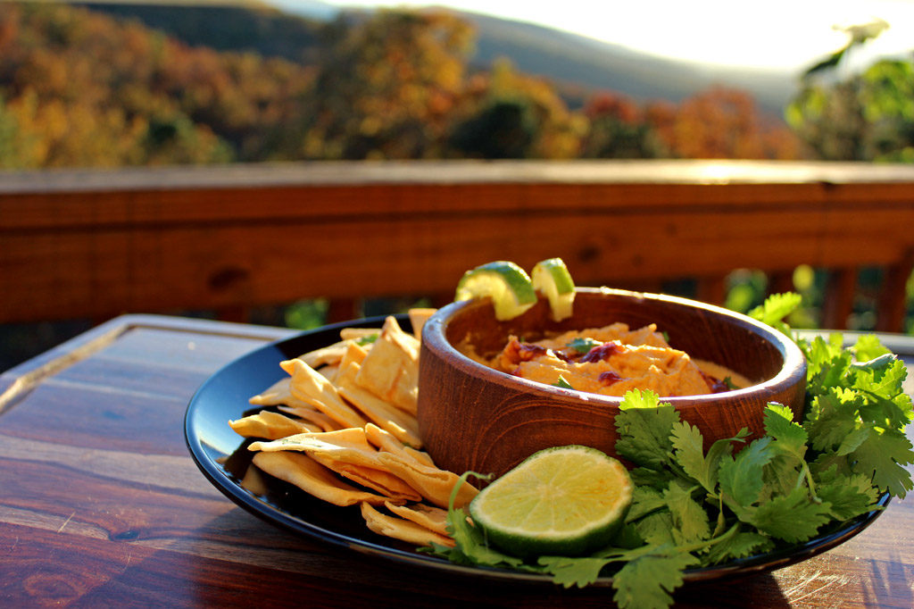 bowl of hummus with lime wedges, chips and cilantro