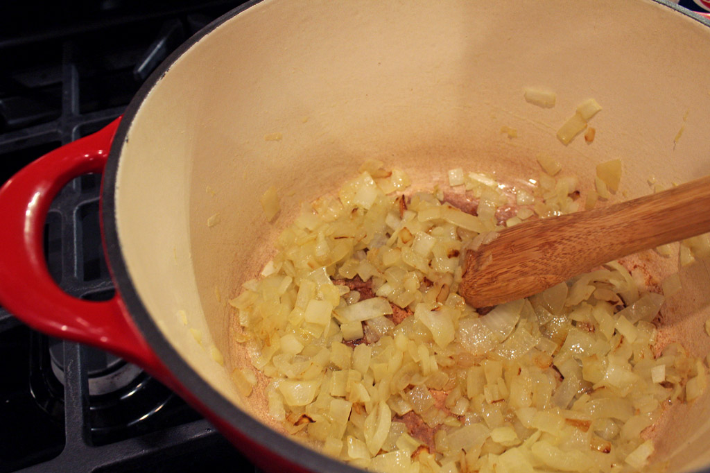 sautéing onions in pot