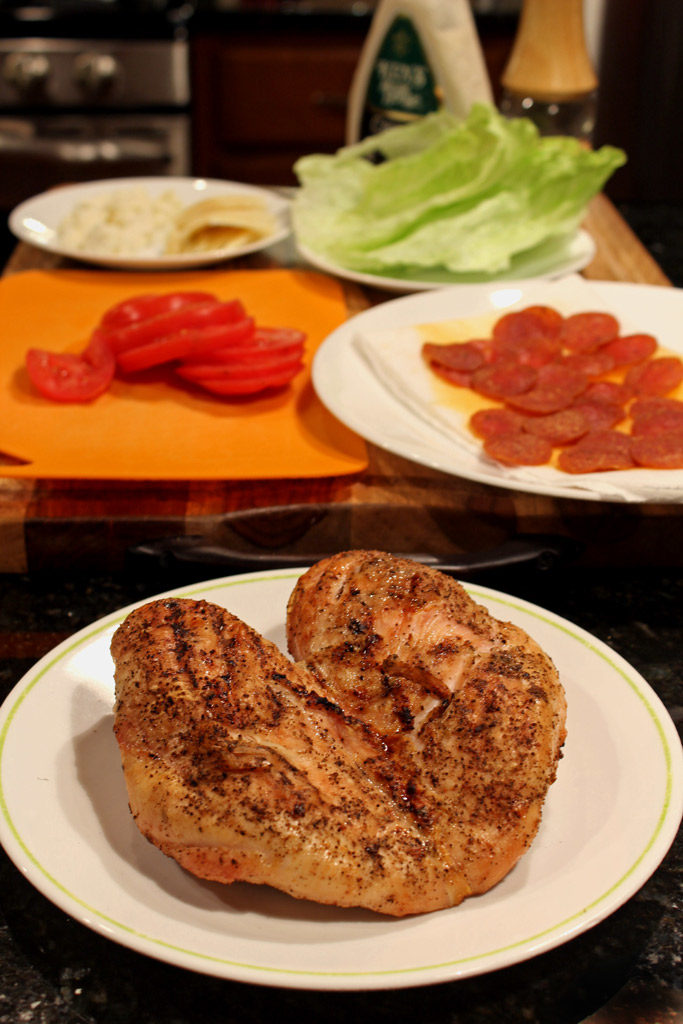 grilled chicken and other ingredients ready